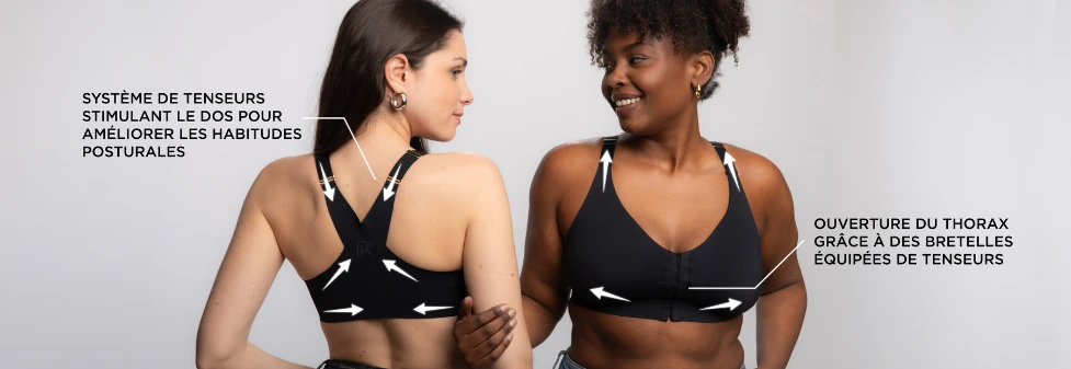 Deux femmes portant un soutien-gorge sans armature conçu pour soulager les douleurs dorsales et améliorer la posture
