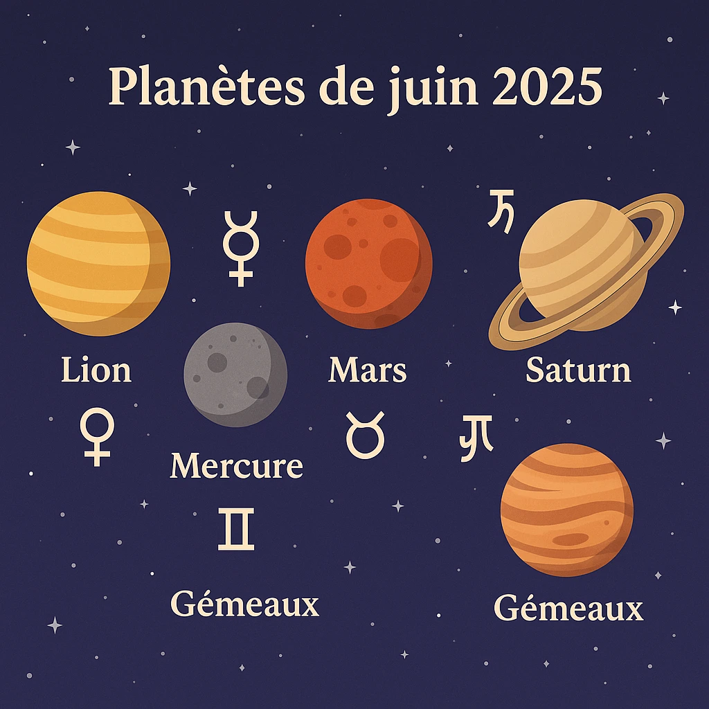 Positions astrologiques des planètes en juin 2025 – Vénus en Lion, Mercure et Jupiter en Gémeaux, Mars en Taureau, Saturne en Poissons, fond étoilé.