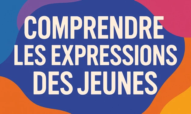 Affiche éducative illustrée avec le texte 'Comprendre les expressions des jeunes', destinée à sensibiliser sur le langage codé adolescent et son impact social en 2025