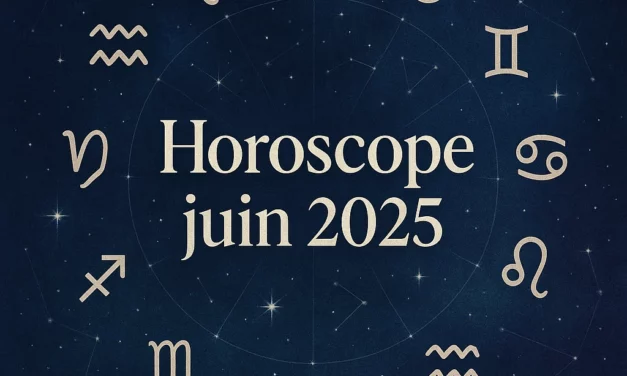 Illustration astrologique "Horoscope juin 2025" avec les 12 signes du zodiaque en cercle sur fond étoilé bleu nuit.