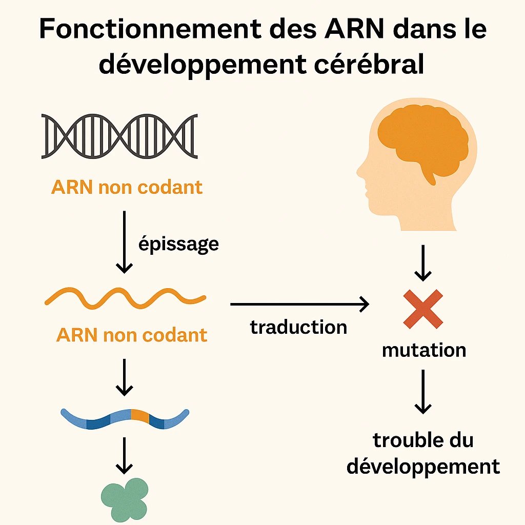 alt="Schéma expliquant le rôle des ARN non codants, leur épissage, les mutations génétiques et leur impact sur les troubles du développement intellectuel chez l’enfant"
