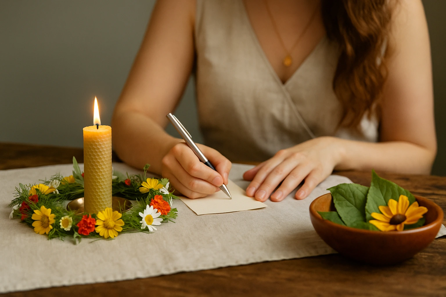 Femme écrivant ses vœux de solstice d’été à la lueur d’une bougie entourée de fleurs, avec des feuilles fraîches dans un bol en bois.