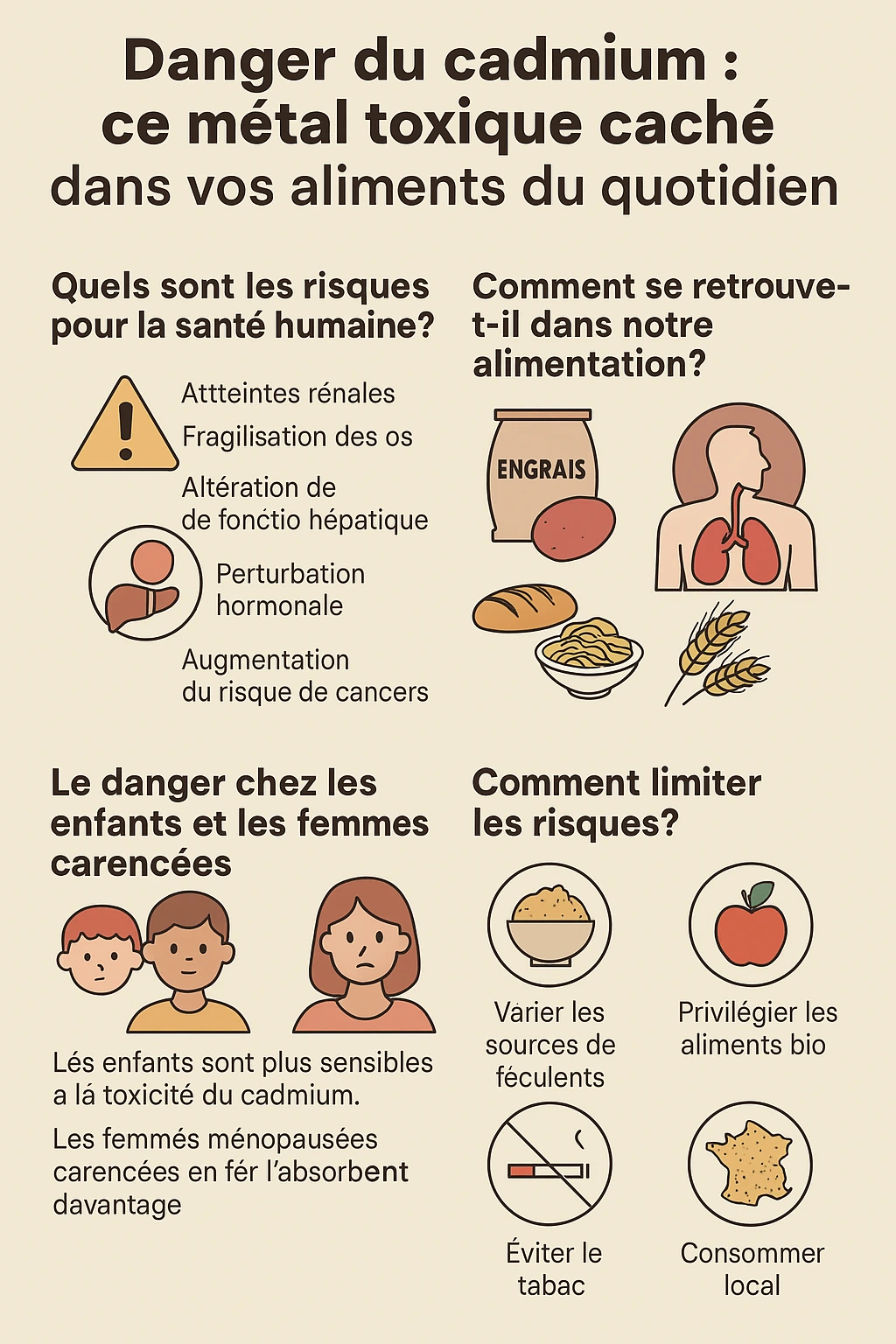 Infographie sur le danger du cadmium : effets sur la santé, sources alimentaires contaminées, populations à risque (enfants, femmes carencées) et conseils pour réduire l’exposition via l’alimentation.
