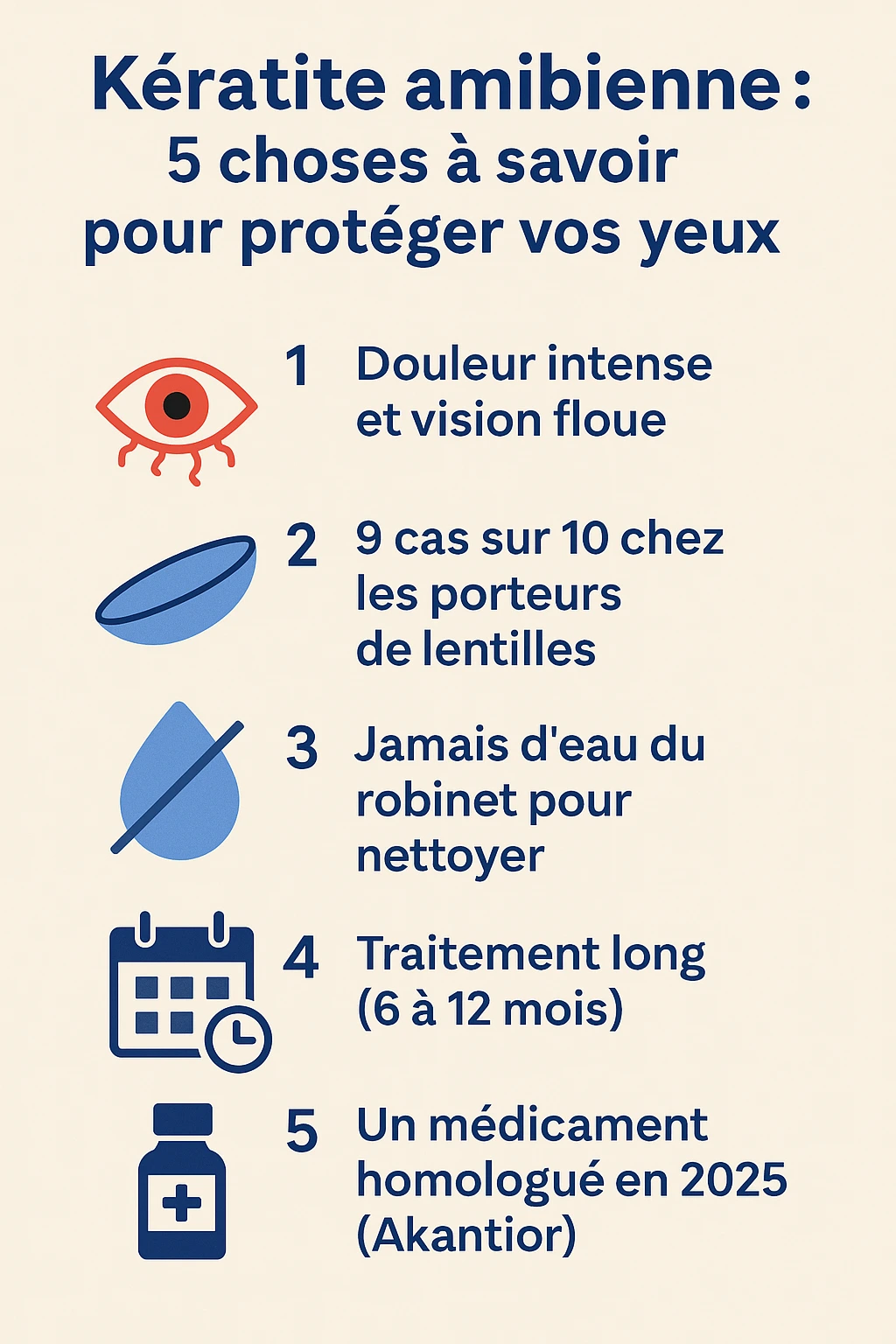 Infographie sur la kératite amibienne : 5 faits essentiels à connaître pour prévenir cette infection grave de la cornée liée aux lentilles de contact