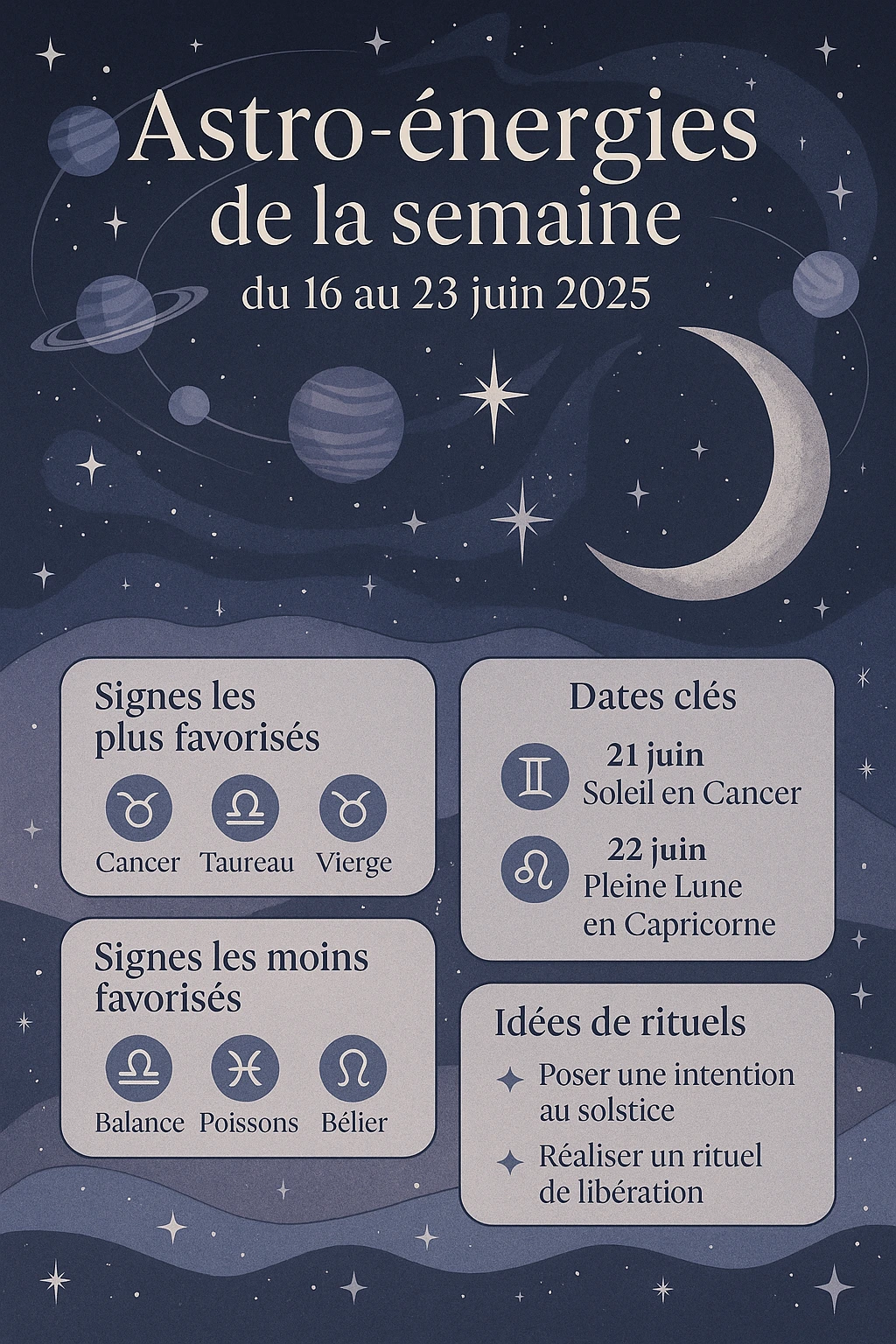 Infographie astrologique : Horoscope de la semaine du 16 au 23 juin 2025 avec les signes astrologiques favorisés (Cancer, Taureau, Vierge), les signes moins favorisés (Balance, Poissons, Bélier), les dates clés du solstice et de la Pleine Lune, et des idées de rituels lunaires et cosmiques