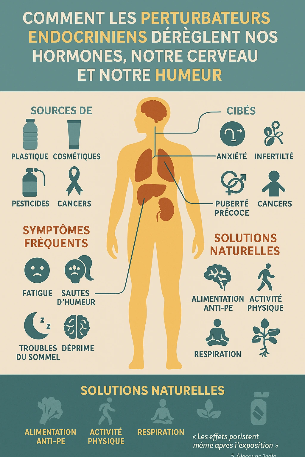 Infographie pédagogique en français sur les effets des perturbateurs endocriniens sur les hormones, le cerveau, la fertilité et l’humeur, avec sources, symptômes, zones ciblées et solutions naturelles.