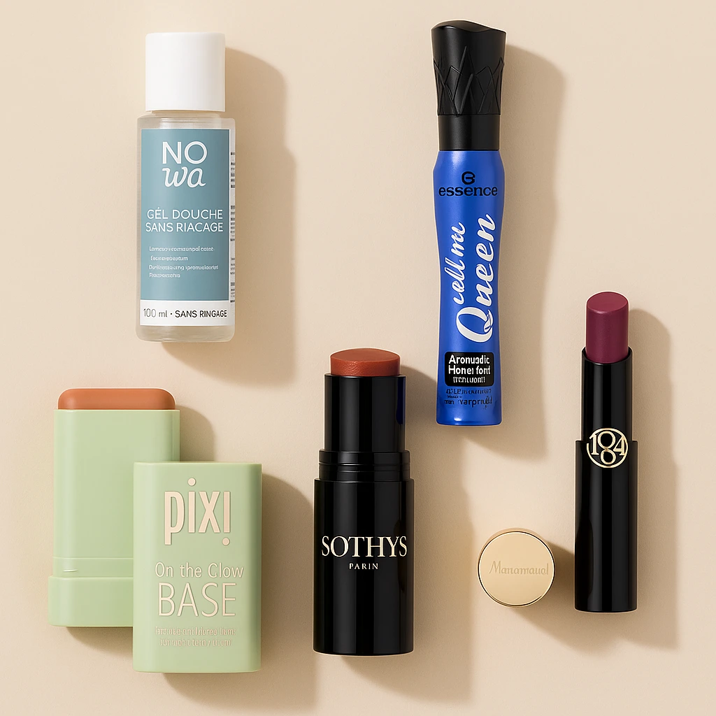 Produits de maquillage qui tiennent quand il fait chaud : fond de teint, mascara waterproof, enlumineur, rouge à lèvres et gel rafraîchissant