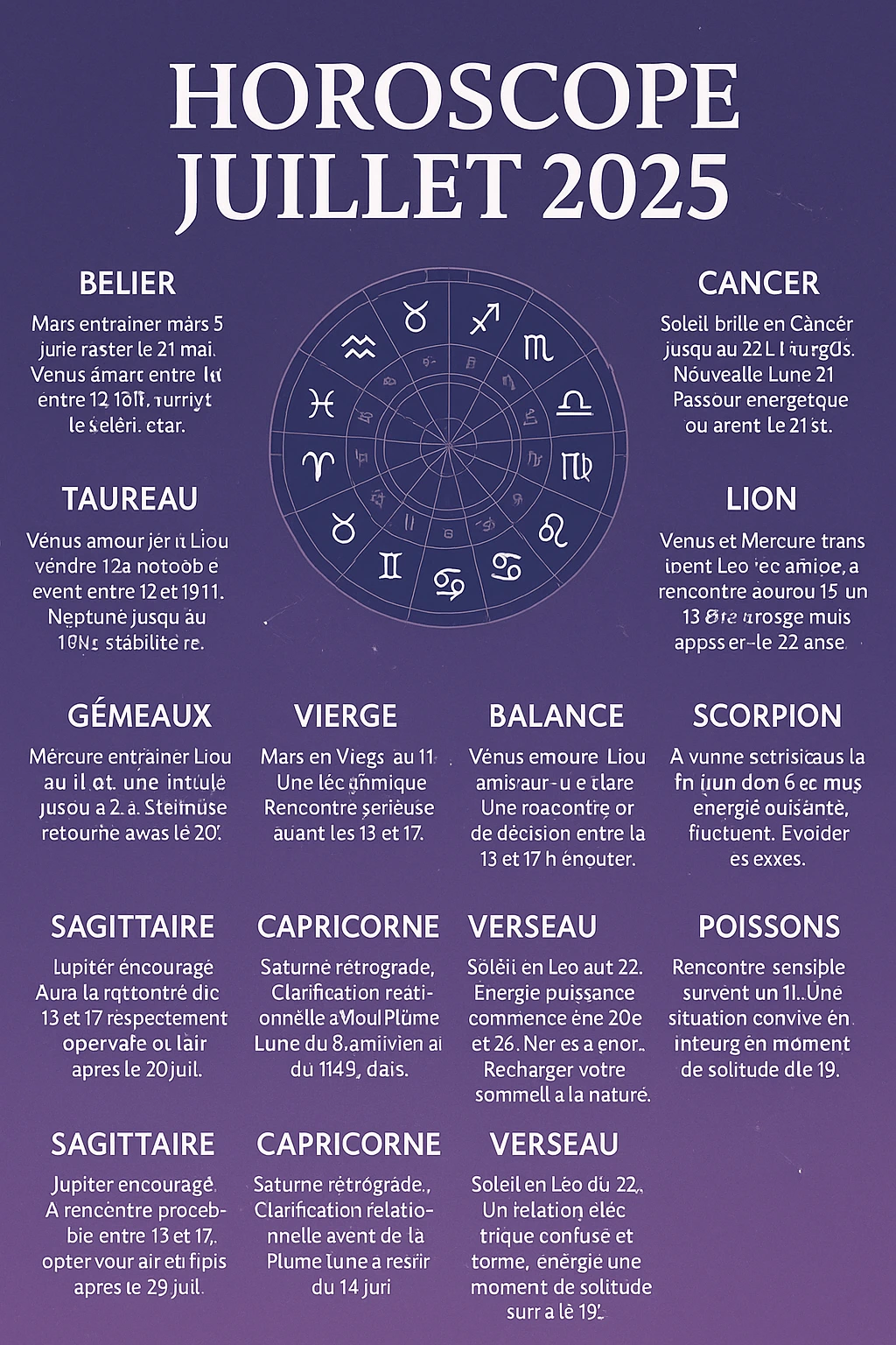 carte du ciel pour tous les signes astrologiques juillet 2025