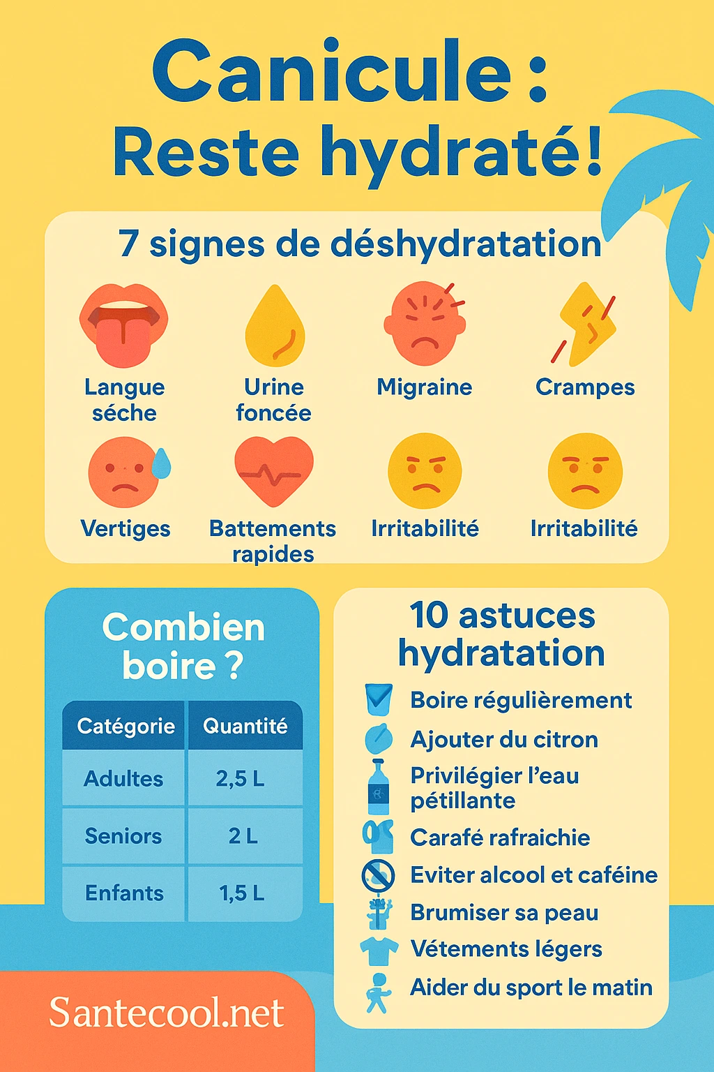 Infographie Santecool : signes de déshydratation, quantité d’eau à boire et 10 astuces pour rester hydraté pendant la canicule