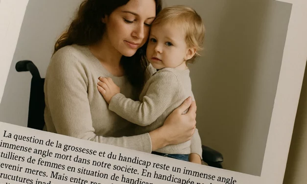 Femme en fauteuil roulant tenant tendrement son enfant, illustrant un article sur la grossesse et le handicap, et le droit à la maternité des femmes handicapées