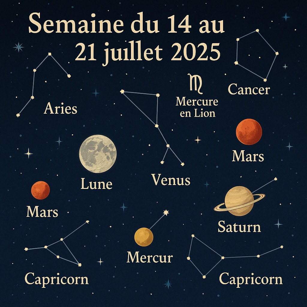carte du ciel astrologique de la semaine du 14 au 21 juillet 2025 avec aspects planétaires, lunaires et décans