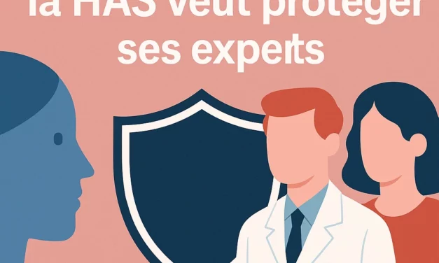 Illustration d'un article intitulé « Transition de genre : la HAS veut protéger ses experts » avec silhouettes d'experts médicaux et un bouclier symbolisant la protection.