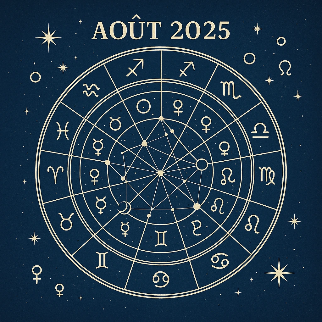 Carte du ciel astrologique août 2025 avec positions planétaires, transits et aspects cosmiques