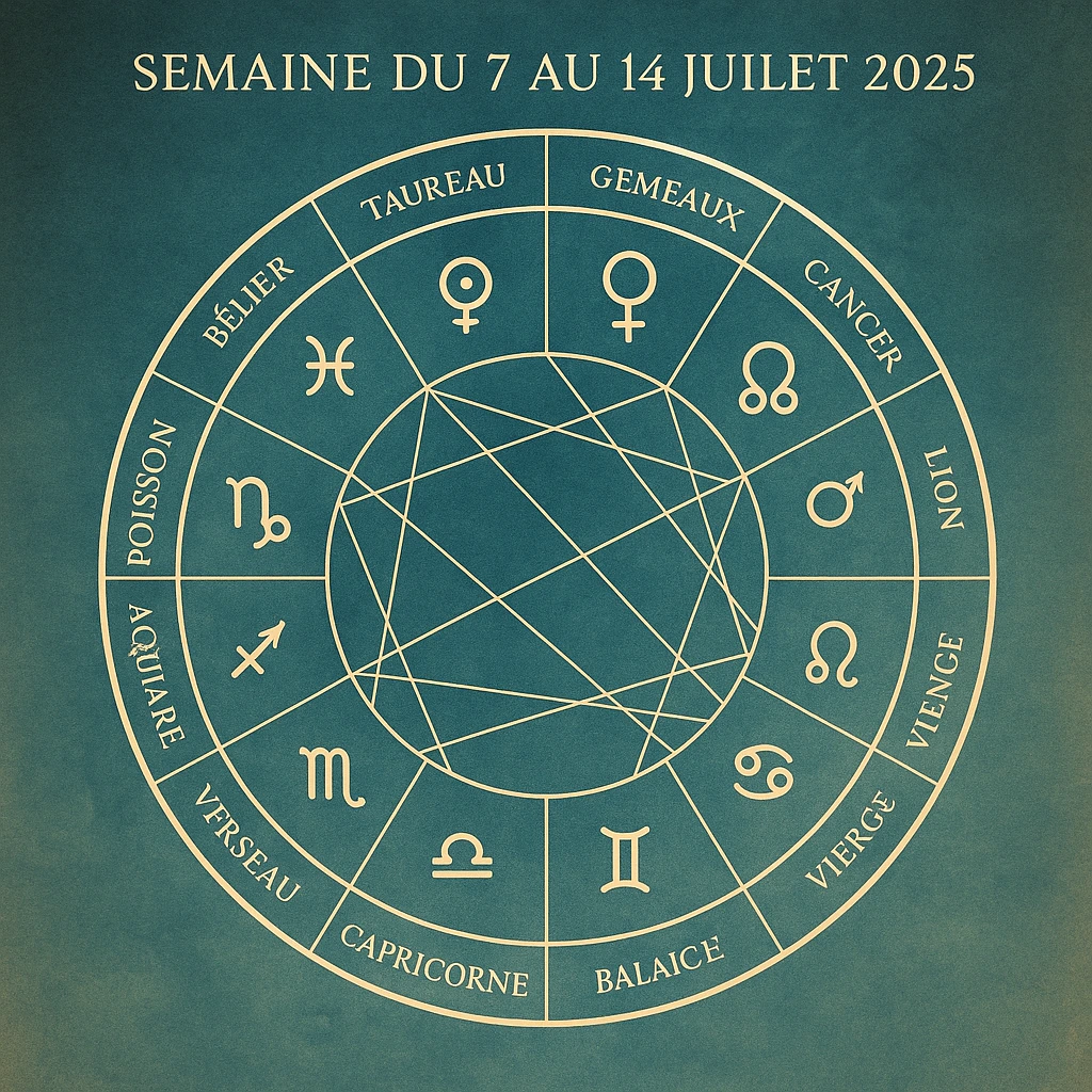 Carte du ciel astrologique semaine du 7 au 14 juillet 2025 avec positions des planètes, aspects cosmiques et influences lunaires