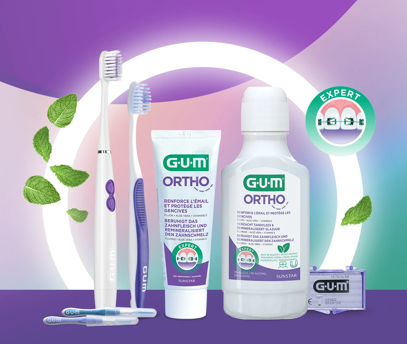 Kit orthodontique GUM ORTHO avec brosse à dents électrique, dentifrice, bain de bouche, cire et brossettes interdentaires pour porteurs de bagues
