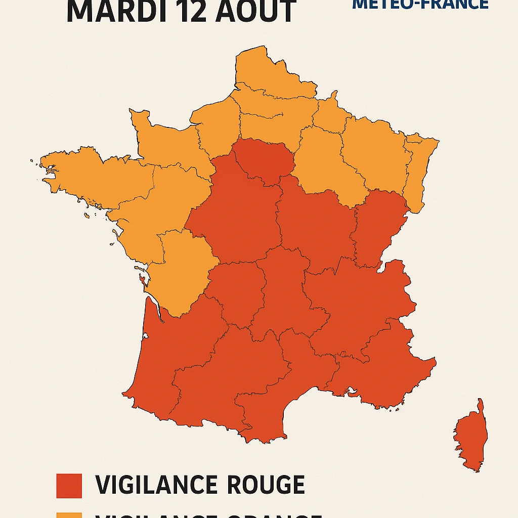 Carte Météo-France vigilance rouge et orange canicule août 2025 le 12 août