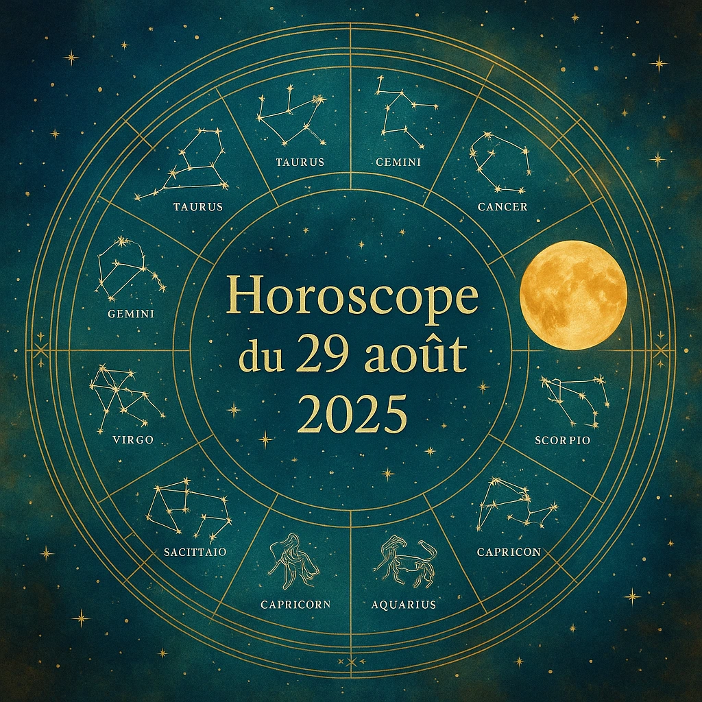 Carte du ciel de l'horoscope du 29 août 2025 avec les constellations du zodiaque et une pleine lune dorée sur fond étoilé