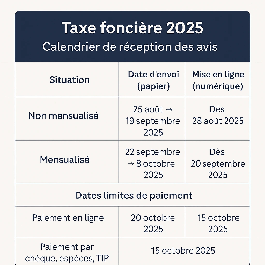 Tableau du calendrier 2025 de réception et paiement de la taxe foncière avec dates clés et modes de paiement