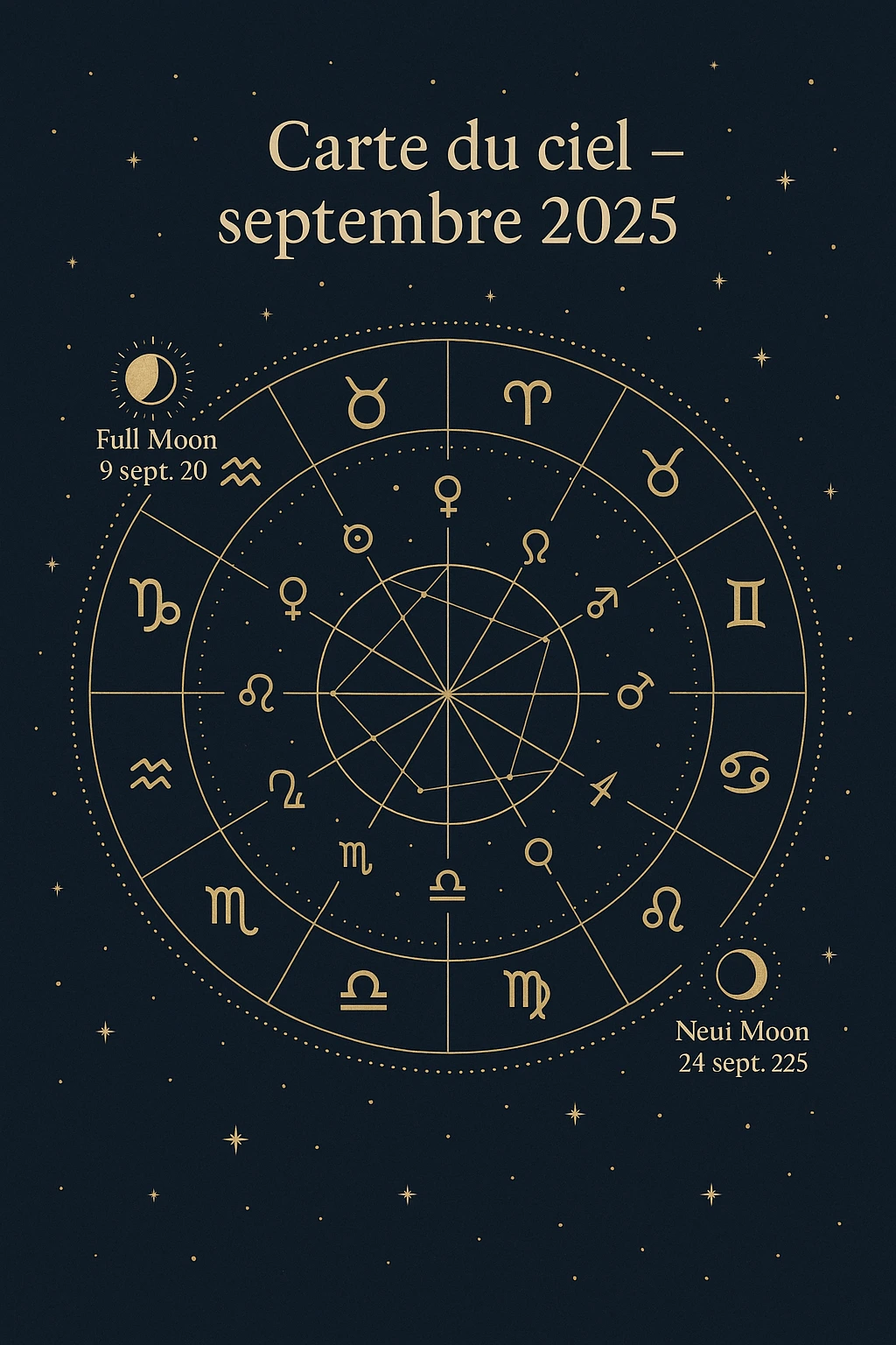 Illustration astrologique élégante représentant la carte du ciel du mois de septembre 2025 avec les douze signes du zodiaque, les symboles planétaires, la pleine lune en Poissons et la nouvelle lune en Balance, sur fond céleste bleu nuit constellé d’étoiles.