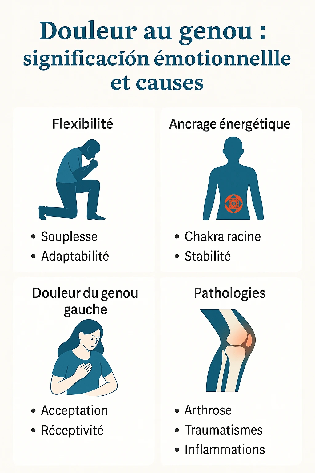 Infographie en français – douleur au genou : signification émotionnelle, symbolique, chakra racine, genou gauche/droit et pathologies articulaires comme l’arthrose ou la tendinite.