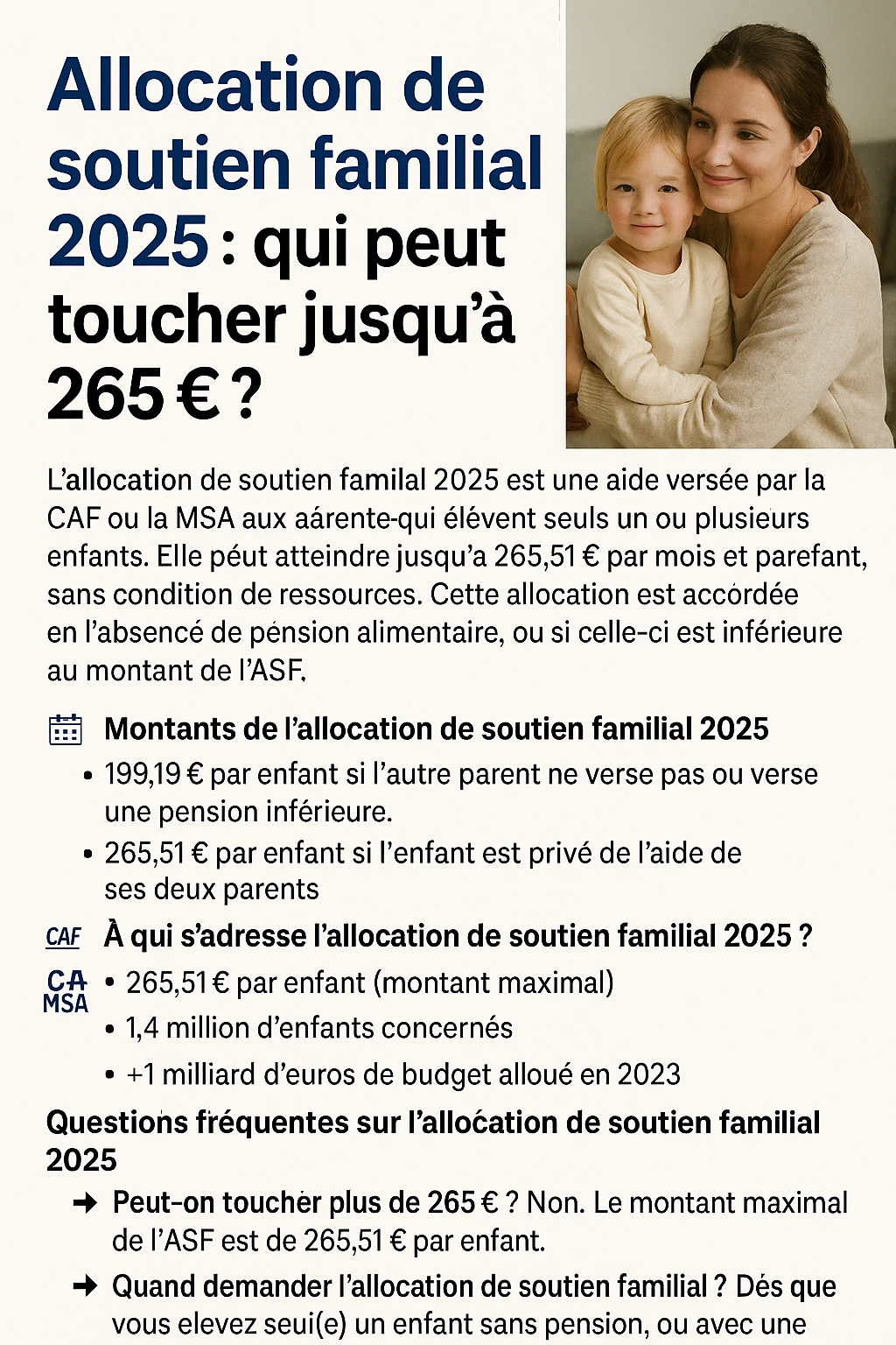 Infographie 2025 – allocation de soutien familial jusqu’à 265 € : conditions, montants, bénéficiaires CAF