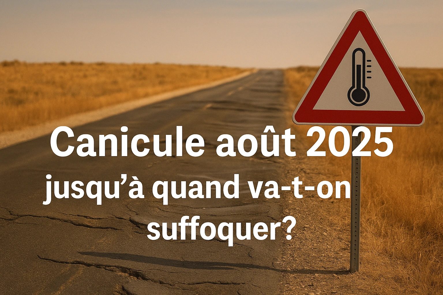 Route déformée par la chaleur en France pendant la canicule d’août 2025, avec un panneau de température en alerte et le texte “Canicule août 2025 : jusqu’à quand va-t-on suffoquer ?