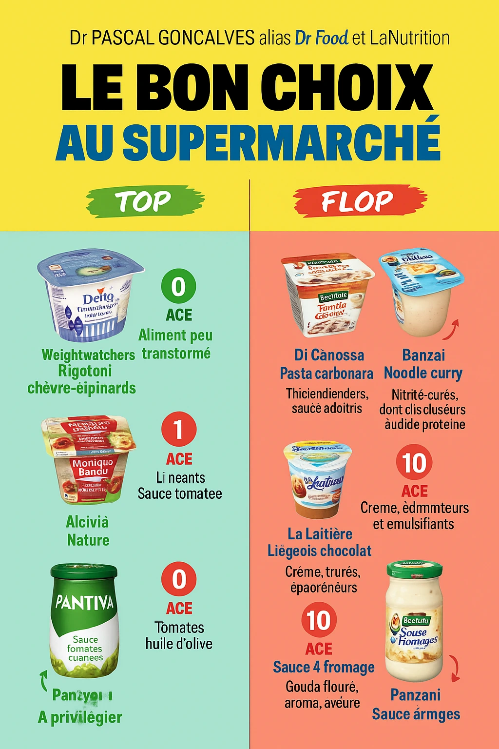 Infographie Le Bon Choix au Supermarché : 800 produits analysés, 108 à bannir, comparatif TOP/FLOP aliments ultra-transformés avec avis du Dr Food – guide nutrition LaNutrition 2025