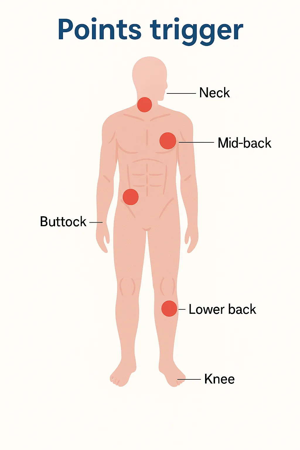 Illustration anatomique des points trigger sur le corps humain : zones fréquentes de douleur musculaire au cou, dos, fessiers, bas du dos et genoux.