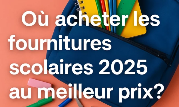 Fournitures scolaires 2025 avec un sac bleu ouvert contenant cahiers, crayons et règle, sur fond coloré, illustrant l'article Où acheter les fournitures scolaires 2025 au meilleur prix