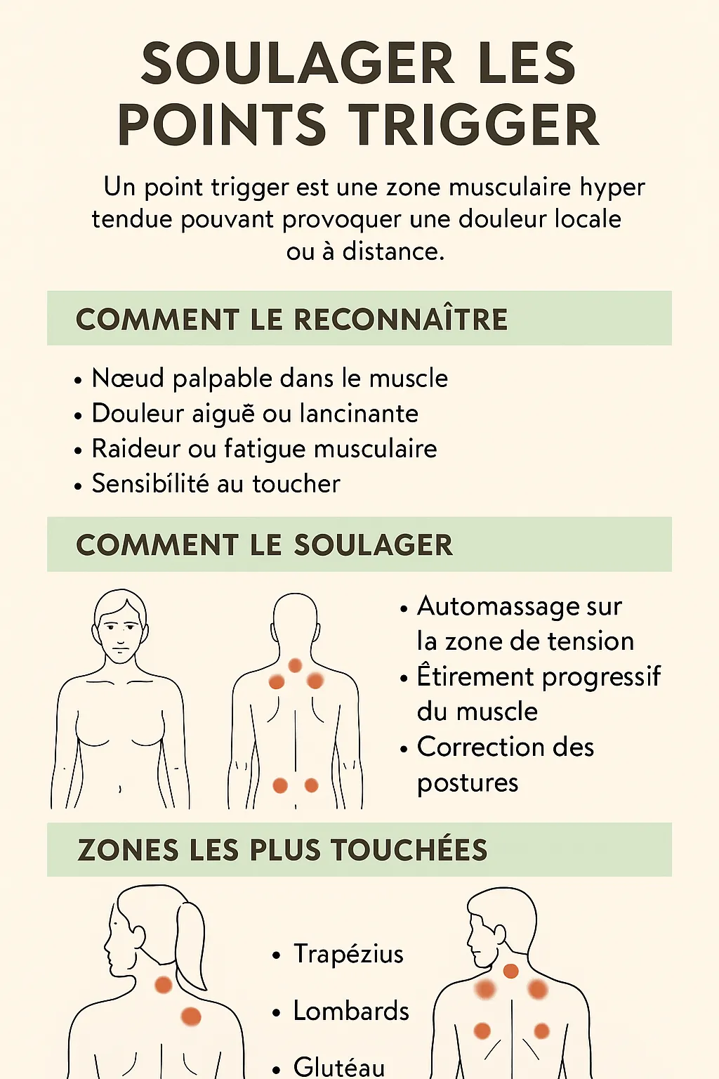 Infographie en français sur les points trigger : comment les identifier, soulager la douleur par automassage, et prévenir les tensions musculaires chroniques.