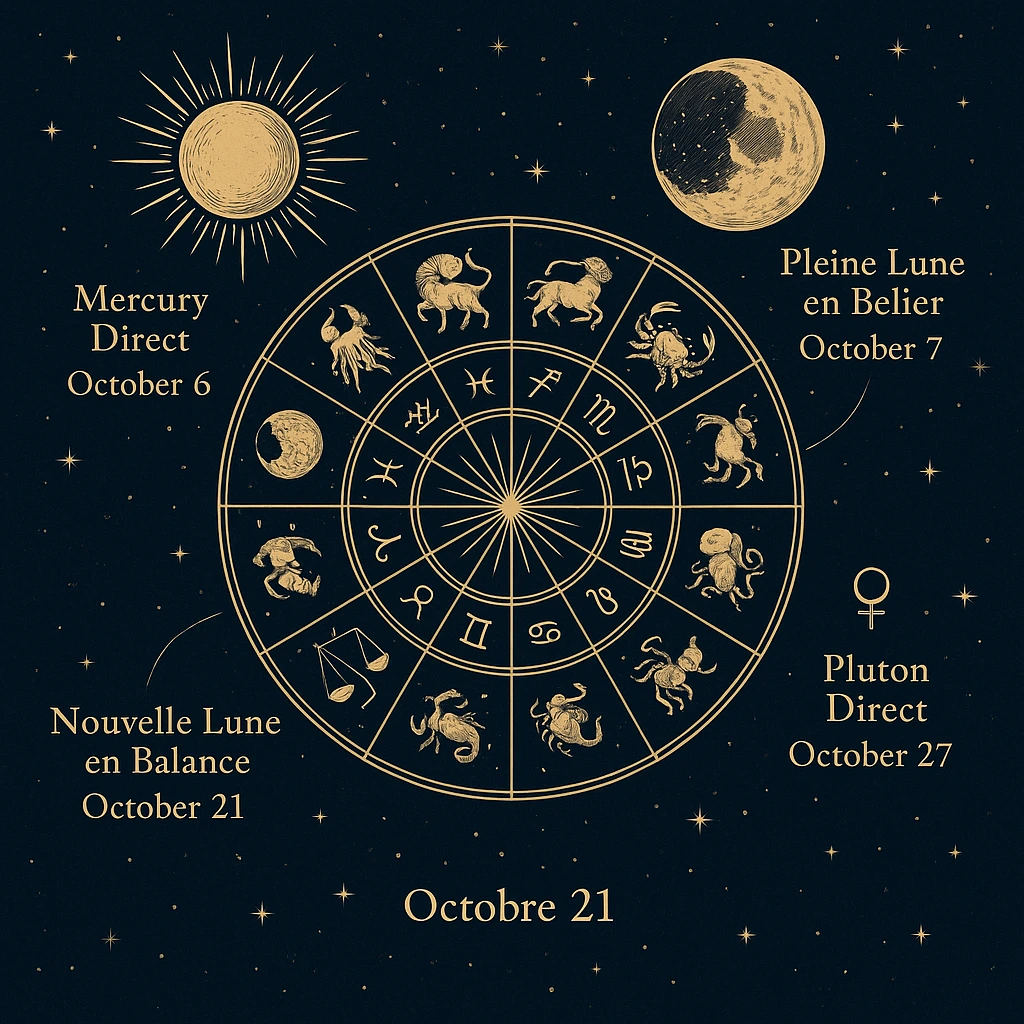 Carte du ciel d’octobre 2025 avec planètes, constellations, Pleine Lune en Bélier et Nouvelle Lune en Balance