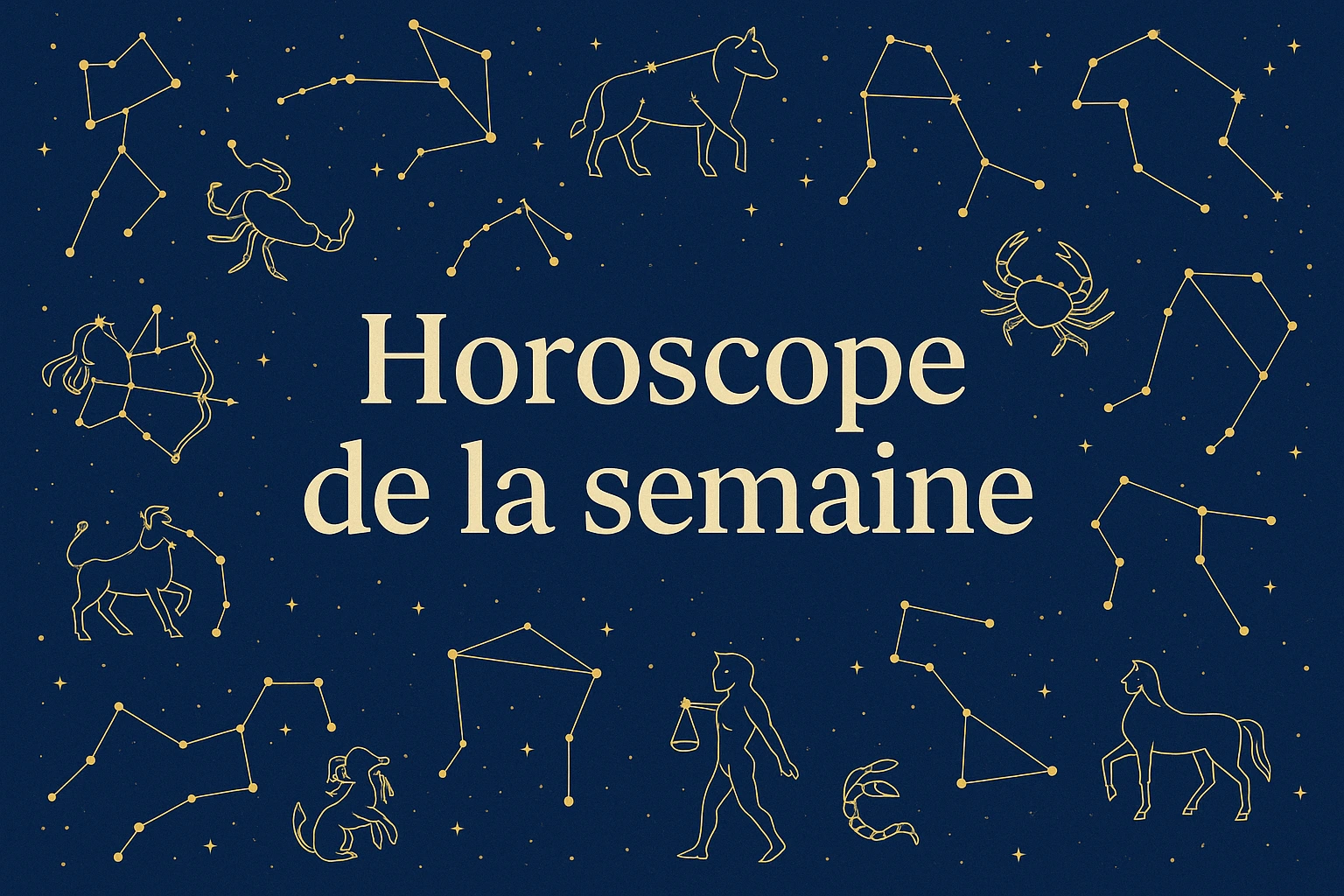Illustration des constellations du zodiaque avec le titre Horoscope de la semaine sur fond étoilé