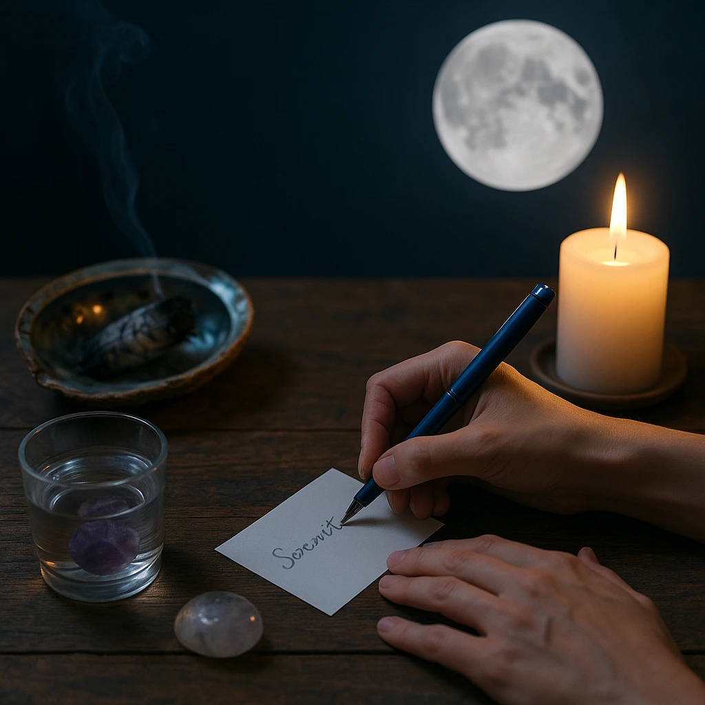 Rituel de pleine lune du 7 septembre 2025 – méditation nocturne avec eau salée et bougie près d'une fenêtre, ambiance spirituelle et apaisante