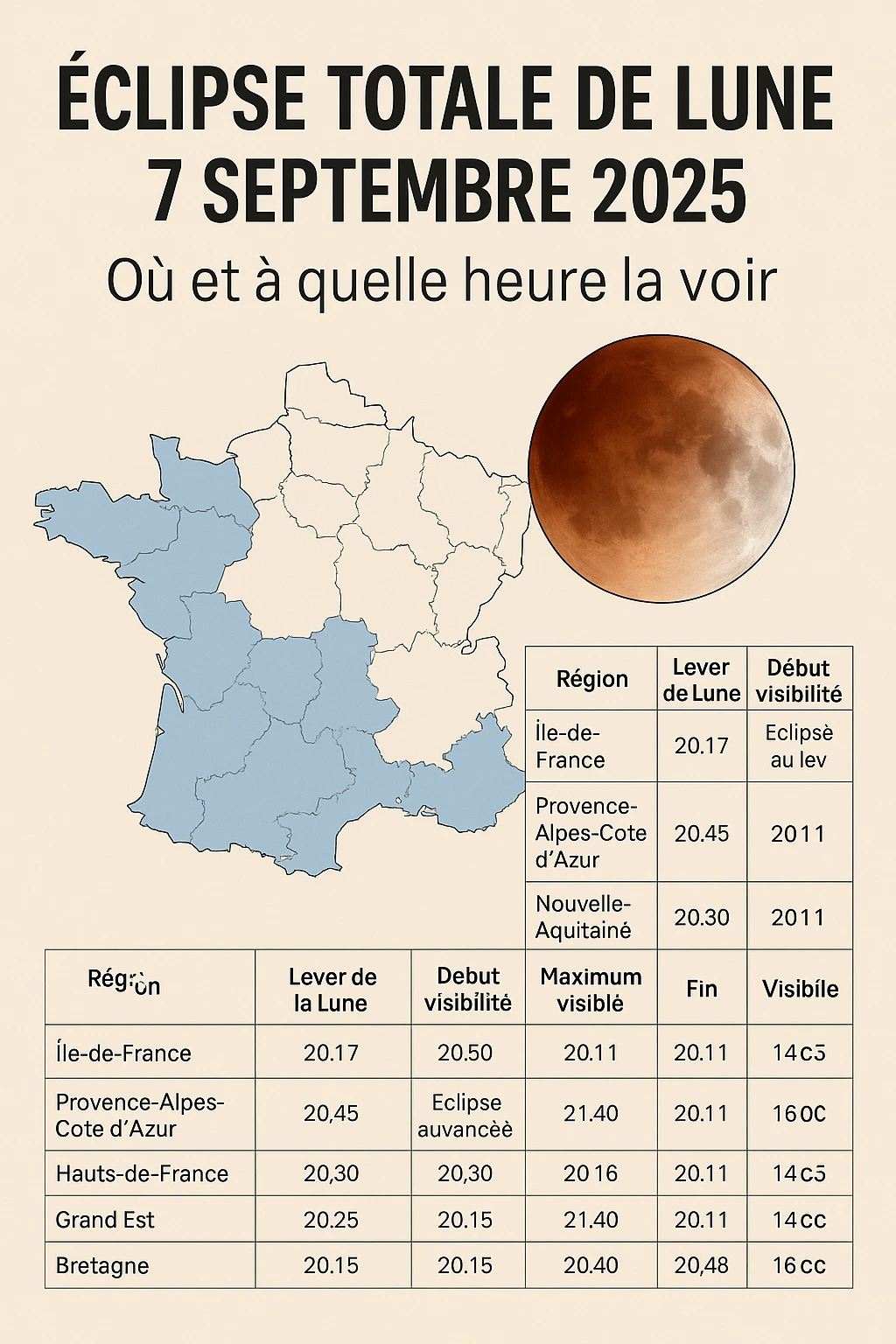 Carte de France indiquant les horaires et zones pour observer l’éclipse totale de Lune du 7 septembre 2025.