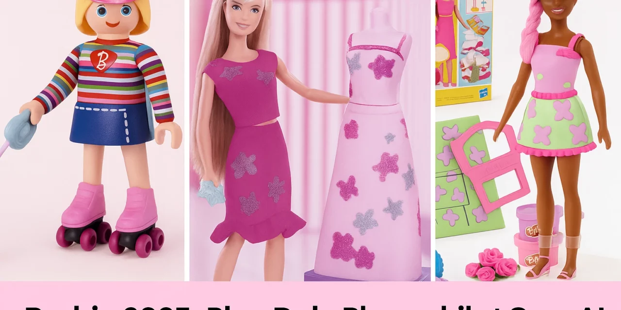 Barbie 2025 nouveautés : collage des collaborations Barbie Play-Doh, Barbie Playmobil et Barbie OpenAI.
