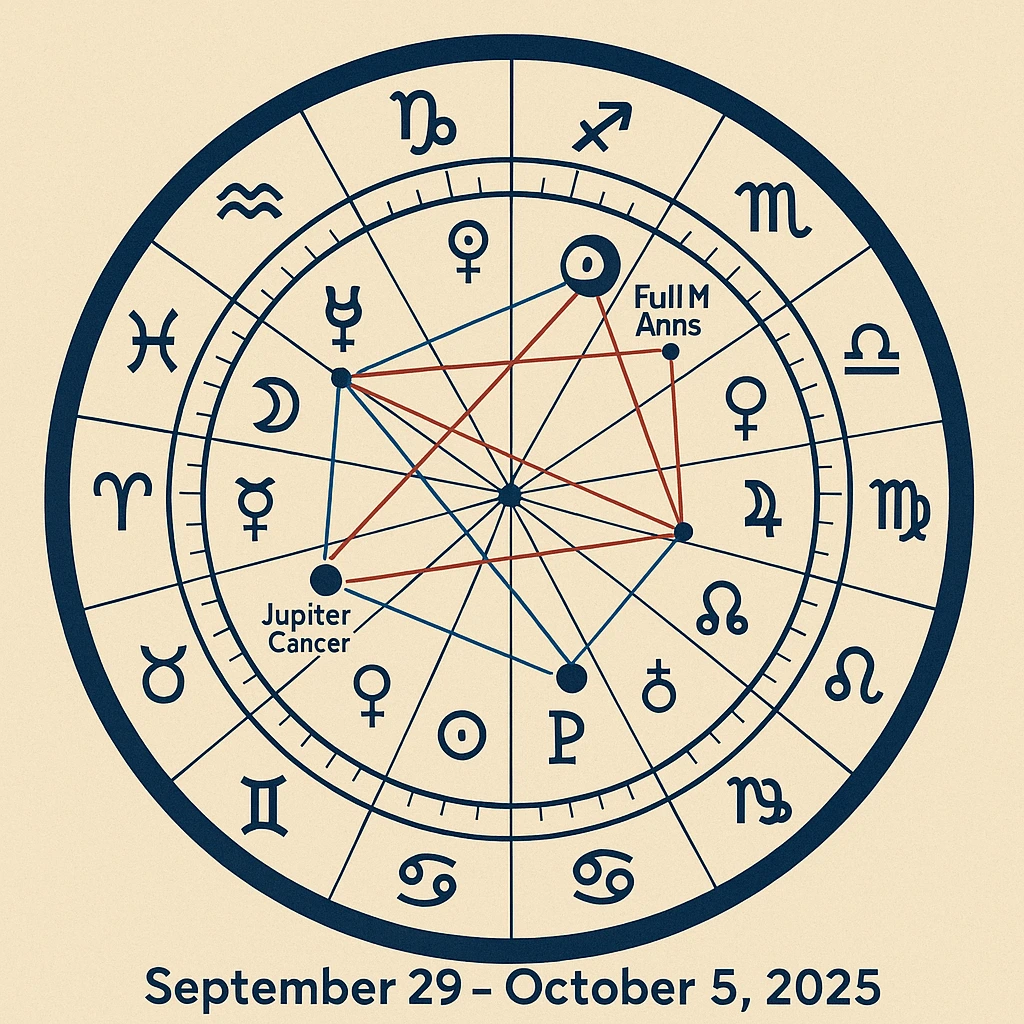 Carte du ciel astrologique de la semaine du 29 septembre au 5 octobre 2025 avec la Pleine Lune en Bélier, Jupiter en Cancer, Vénus en Balance et Saturne en Poissons, destinée à l’horoscope hebdomadaire signe par signe.
