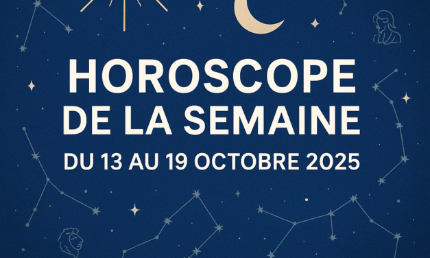 horoscope de la semaine du 13 au 19 octobre 2025 avec fond cosmique bleu nuit, constellations, Lune et Soleil stylisés, symboles astrologiques du zodiaque