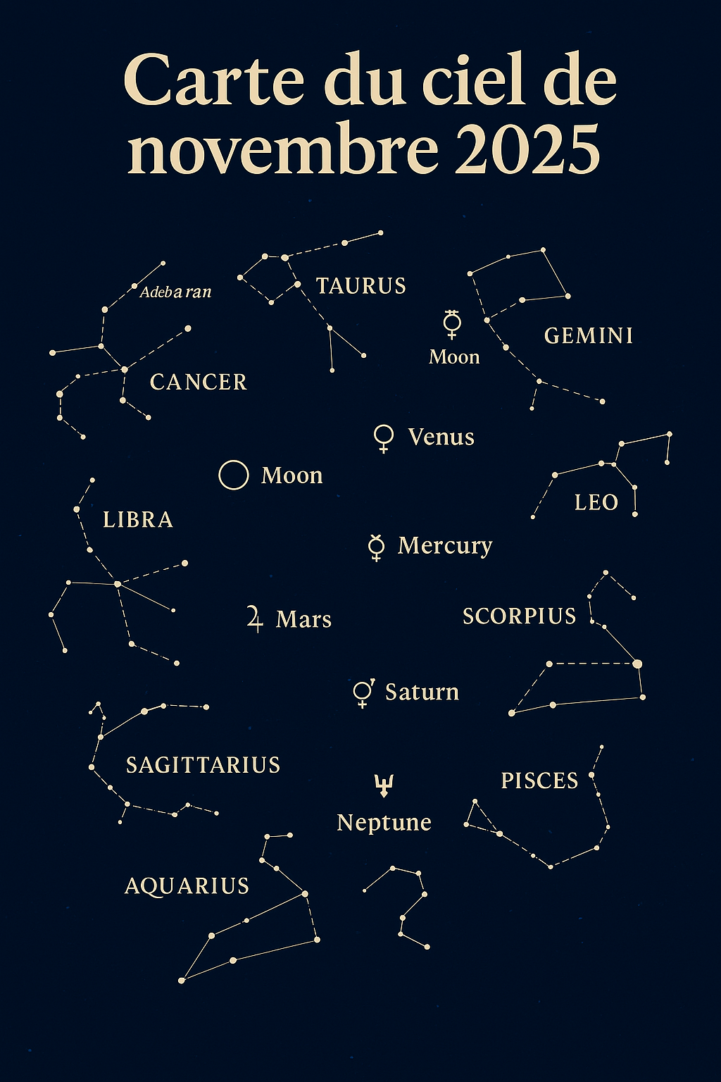 Carte du ciel astrologique de novembre 2025 représentant les constellations du zodiaque, la Pleine Lune en Taureau, la Nouvelle Lune en Scorpion et les positions planétaires principales — Soleil en Scorpion, Mars en Sagittaire, Jupiter rétrograde en Cancer et Saturne direct en Poissons — sur un fond bleu nuit étoilé