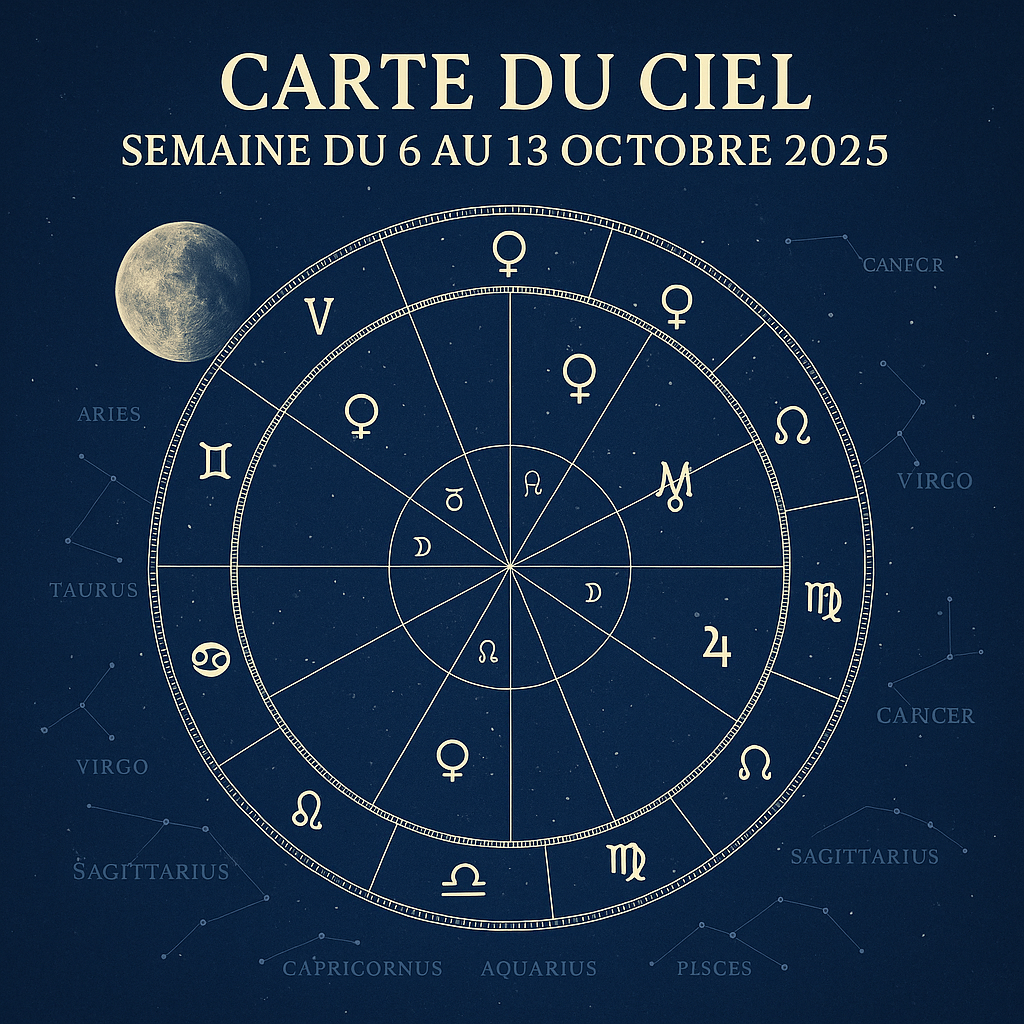 Carte du ciel de la semaine du 6 au 13 octobre 2025 avec la Lune croissante, Vénus en Balance, Jupiter en Cancer et Saturne en Poissons sur fond bleu nuit.