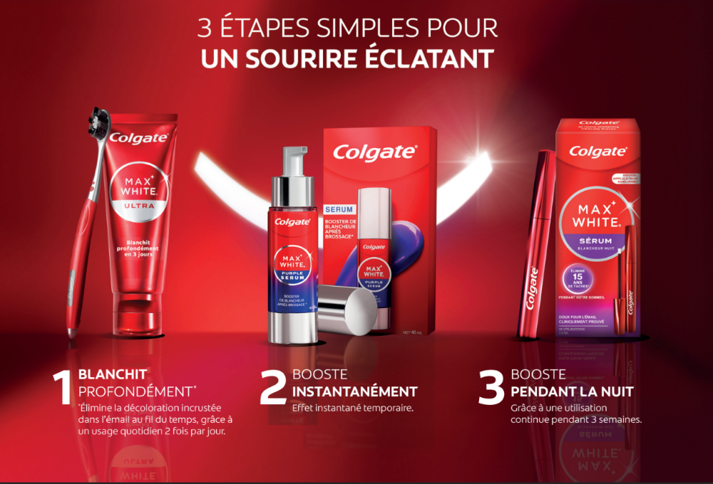 Routine Colgate Max White en trois étapes pour avoir des dents ultra blanches sans dentiste : dentifrice, sérum violet et soin blancheur nuit