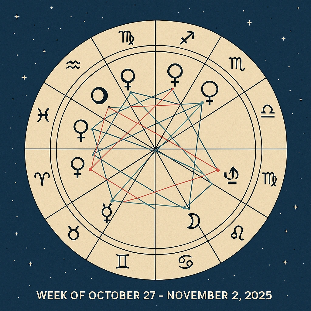 Carte du ciel astrologique de la semaine du 27 octobre au 2 novembre 2025, représentant le Soleil en Scorpion, la Lune en Lion puis en Vierge, Vénus en Balance, Mercure en Sagittaire, Mars conjoint Lilith, Jupiter en Cancer, Saturne et Neptune en Poissons, Uranus en Taureau et Pluton en Verseau, sur fond bleu nuit constellé d’étoiles.