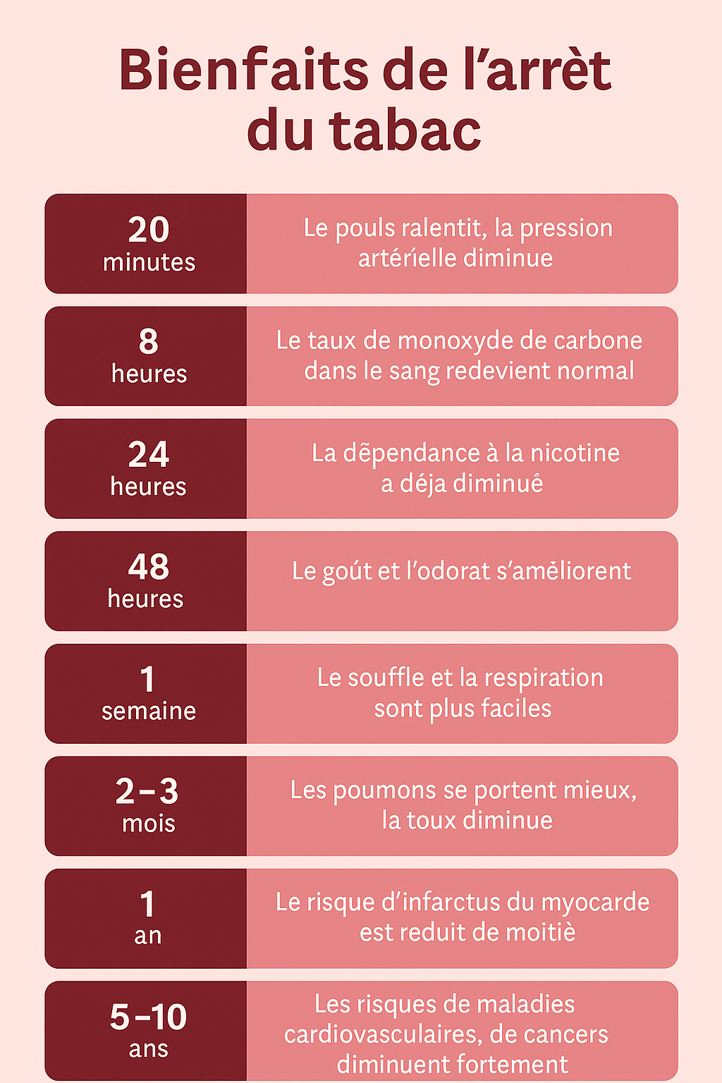 Infographie illustrant les bienfaits de l’arrêt du tabac : tableau élégant dans des tons rose poudré et rouge doux, présentant les améliorations de la santé dès 20 minutes, 8 heures, 24 et 48 heures, puis jusqu’à 10 ans, avec baisse de la tension artérielle, regain de souffle, peau plus lumineuse et réduction des risques cardiovasculaires et de cancer.