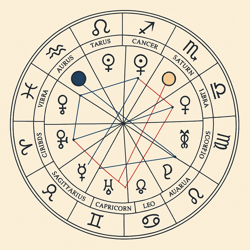 Carte du ciel astrologique d’octobre 2025 illustrant la pleine Lune en Bélier, Pluton en Verseau, Saturne en Poissons et Jupiter en Cancer, symbolisant la transformation du pouvoir.