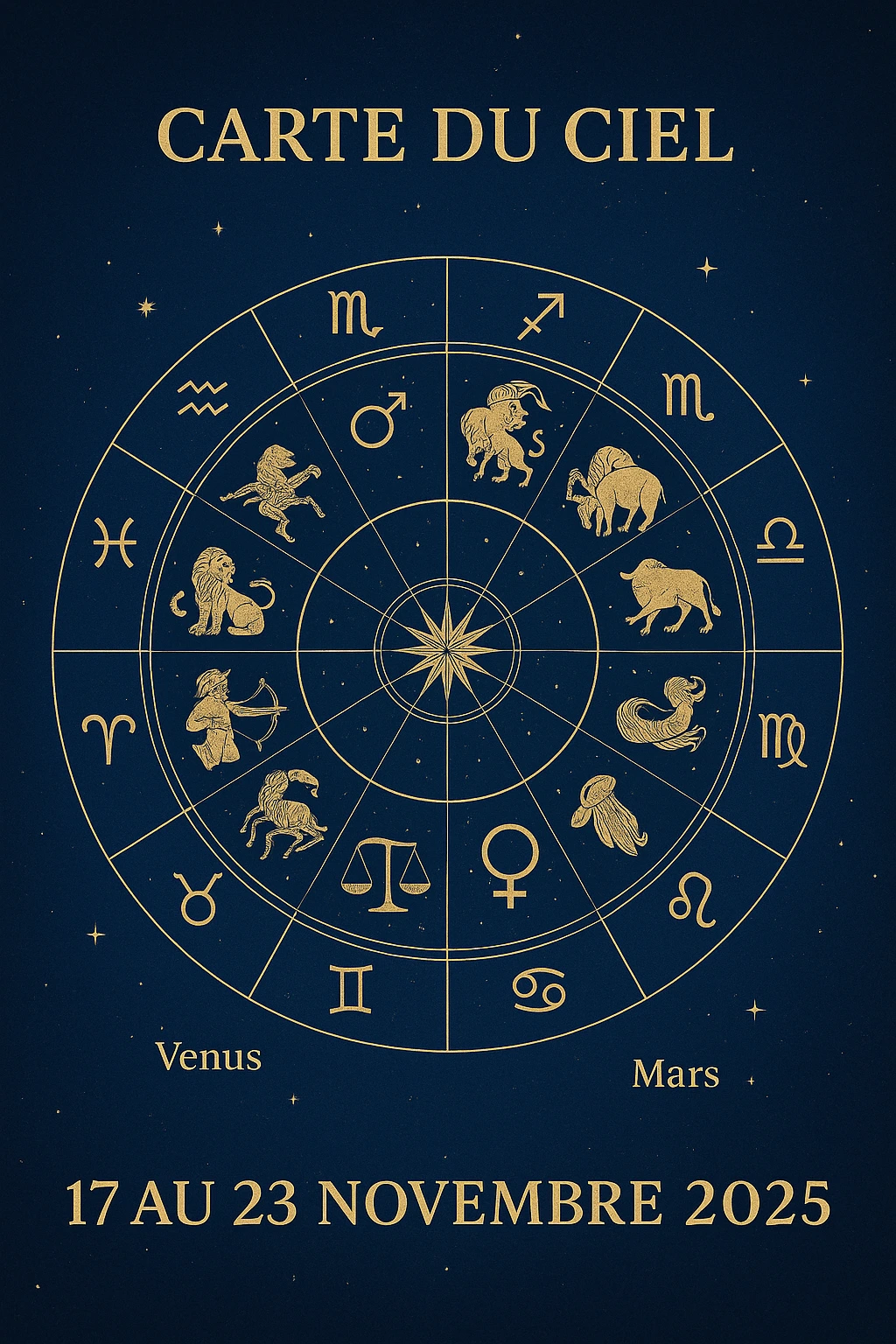 Carte du ciel astrologique de la semaine du 17 au 23 novembre 2025, représentant la position des signes du zodiaque, Mars et Vénus, sur un fond bleu nuit étoilé.