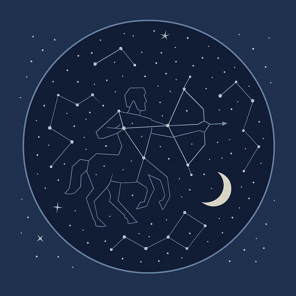 Carte du ciel de la semaine du 8 au 14 décembre 2025 montrant la constellation du Sagittaire, les lignes stellaires et la Lune croissante sur un fond bleu nuit pour illustrer l’horoscope hebdomadaire