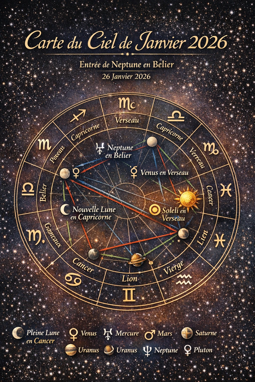 Carte du ciel de janvier 2026 avec les planètes, la Pleine Lune en Cancer, la Nouvelle Lune en Capricorne et l’entrée de Neptune en Bélier