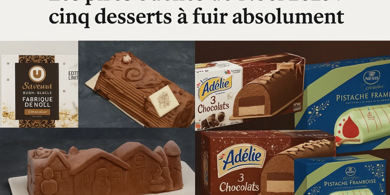 Les pires bûches de Noël 2025 à fuir : montage des bûches industrielles U, Adélie, Nestlé et créations chocolat