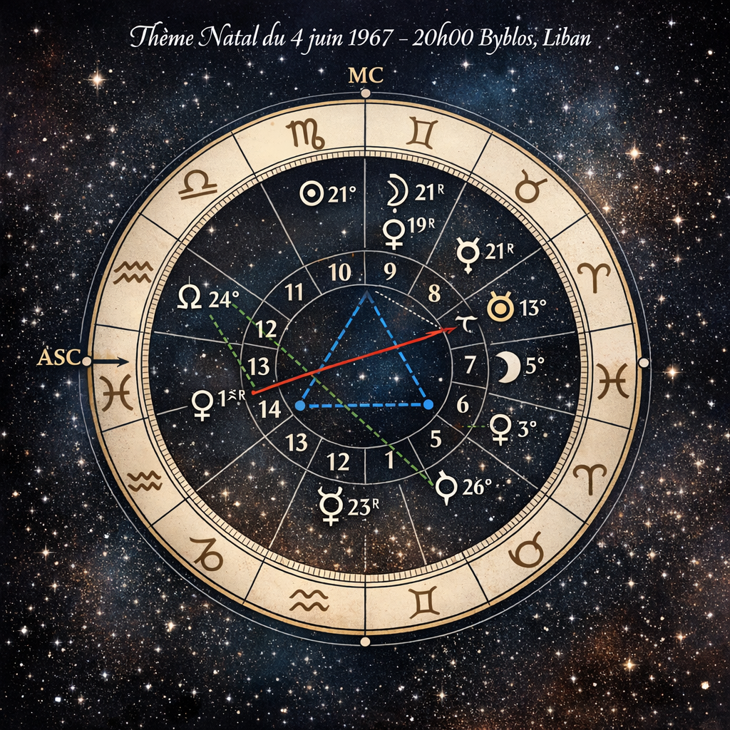 Carte du ciel astrologique de la semaine du 5 au 12 janvier avec positions des planètes, aspects astrals et Soleil en Capricorne