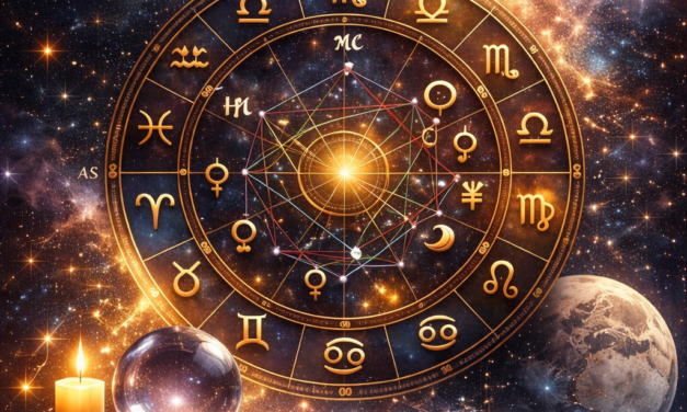 Illustration astrologique représentant l’Horoscope février 2026 avec une roue du zodiaque dorée, les planètes, des étoiles et une ambiance cosmique lumineuse