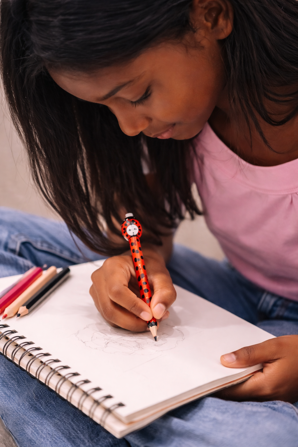 Adolescente dessinant dans un carnet avec crayon coccinelle de Legami, focus sur la qualité du papier